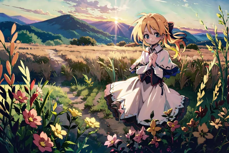 best quality, masterpiece, extremely detailed, detailed background, 1girl, solo, yellow hair, blue eyes, braid, long hair, wavy hair, fluffy hair, ponytail, french braid, blush, smile, capelet, lace trim, bodice, sunset, dusk, scenery, high place, horizon, wind, wind blow, flowerbed, looking at viewer, depth of field, bokeh