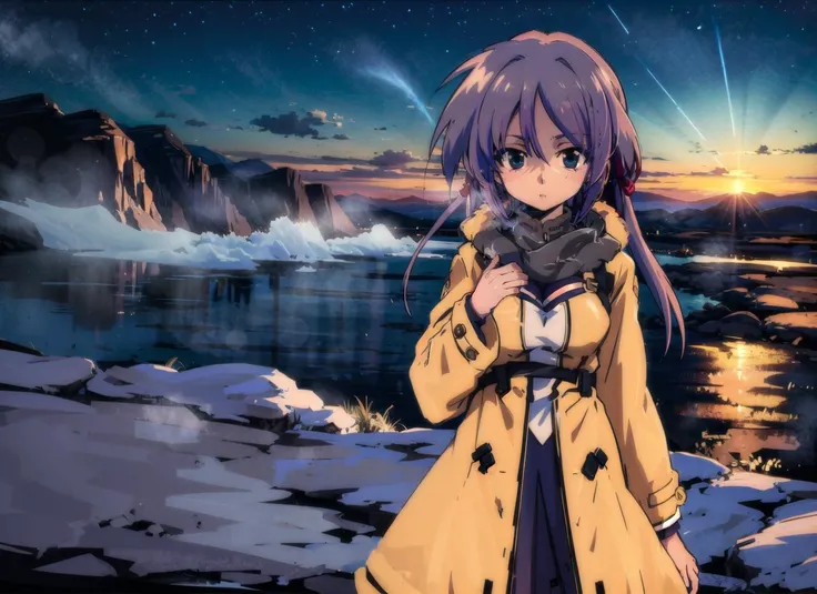 anime girl, (petite:1.3), looking at viewer,  night sky, bay, sunset, coat, snow, large breasts, fog, masterpiece, best quality