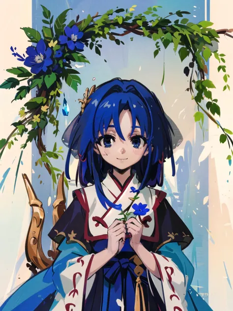 ru_qun, hanfu, best quality, masterpiece, extremely detailed, anime, 1girl, short girl, (blue hair, blue eyes:1.4), long hair, smile, tulle clothes, silk clothes, embroidery accessory, chinese knots, happy, smile, closed mouth, blue flower vines, gems, gold accessory,