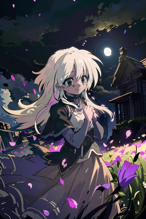 masterpiece, best quality,
1girl, (colorful),(finely detailed beautiful eyes and detailed face),cinematic lighting,bust shot,extremely detailed CG unity 8k wallpaper,white hair,solo,smile,intricate skirt,((flying petal)),(Flowery meadow)
sky, cloudy_sky, building, moonlight, moon, night, (dark theme:1.3), light, fantasy,