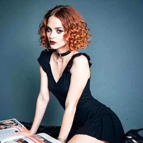 score_9, score_8_up, score_7_up, score_6_up, photo, female, alluring, magazine, pose, thin eyebrows, normal cheeks, triangular face shape, average chest, eyes, thin lips, large thigh, large hips, layer curly bob haircut, ginger, pale white skin, dark red lipstick, gothic eye make-up, black dress, corsert, chains on skirt, emo, bedroom background, skirt, choker,<lora:DynamicPose_alpha1.0_rank4_noxattn_100steps:1>
