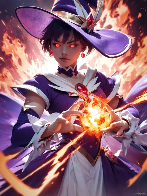 score_9, score_8_up, score_7_up, score_6_up, score_5_up,
1girl,magical girl, beautiful face,short hair,red glowing eyes, jewelry earrings,purple Wizard hat, purple gorgeous robe,holding fireball in hand,dynamic pose,fire in background,detailed background, HKMagic