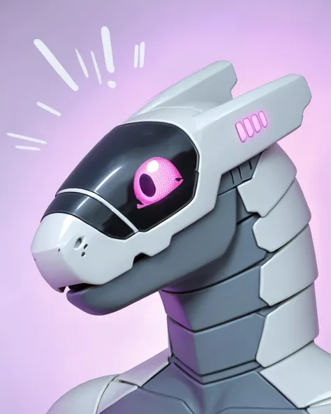 solo, anthro, male, <lora:synth2024v18-PDXL:1.0> (synth \(vader-san\):1.05), slit pupils, glowing eyes, robot, glistening body, nude, (surprise, surprised expression:1.1), headshot portrait, synthhead, grey body, pink eyes, abstract background, photorealism, realistic, real