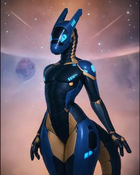 solo, anthro, male, <lora:synth2024v18-PDXL:1.0> (synth \(vader-san\):1.05), slit pupils, glowing eyes, looking at viewer, robot, glistening body, nude, half-length portrait, synthbod, wide hips, thick thighs, girly, thick tail, 4 fingers, 3 toes, featureless crotch, tan body, black body, blue eyes, space, nebula, photorealism, realistic, real, score_9, score_8_up, score_7_up, score_6_up