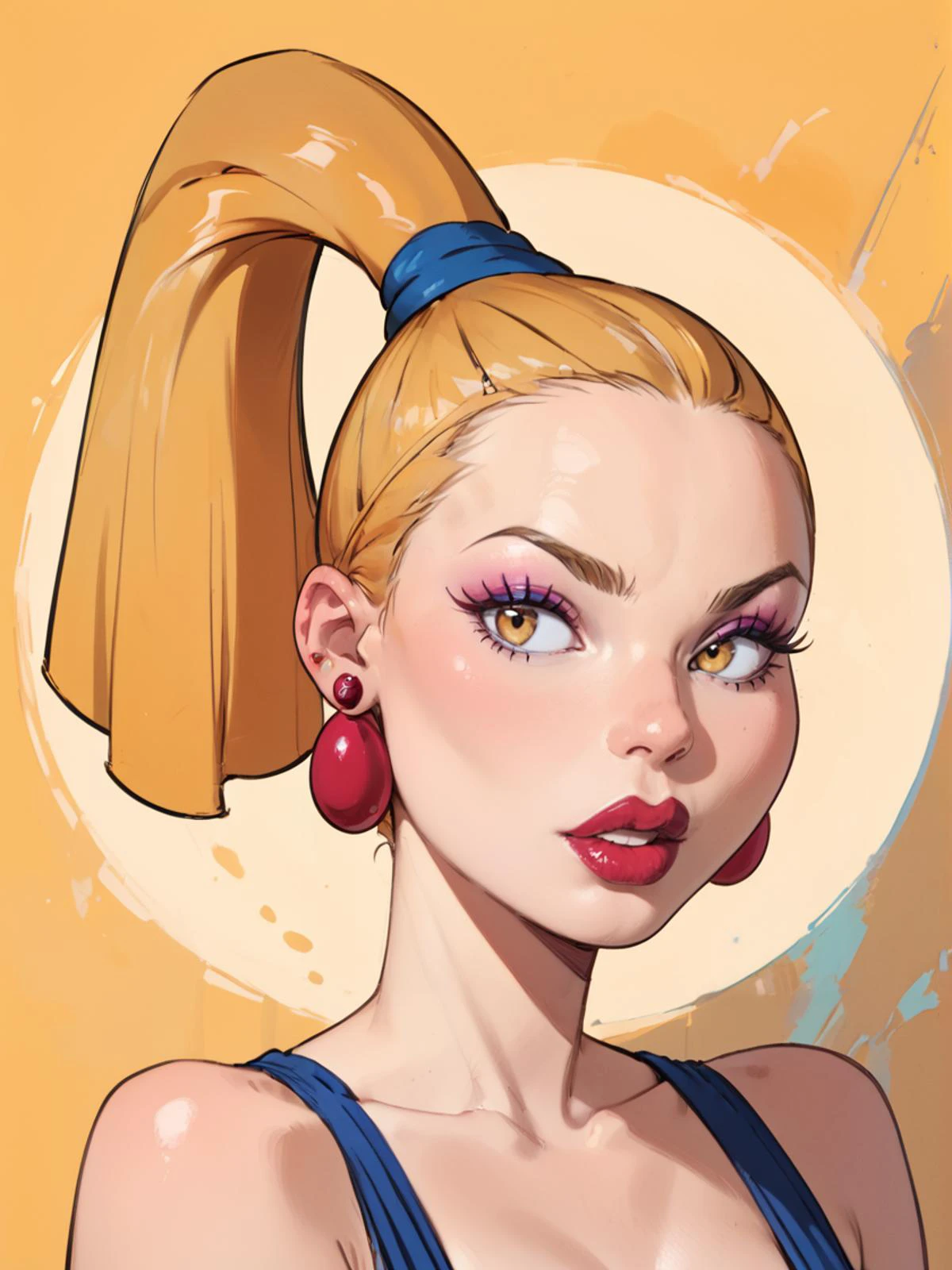 score_9, score_8_up, score_7_up, score_6_up, score_5_up,
face portrait, abstract background, cartoon,
charlottepicxl, ponytail, earrings, lipstick, makeup, blonde hair, yellow eyes,
<lora:Charlotte_Pickles:0.8>