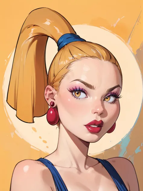 score_9, score_8_up, score_7_up, score_6_up, score_5_up,
face portrait, abstract background, cartoon,
charlottepicxl, ponytail, earrings, lipstick, makeup, blonde hair, yellow eyes, 
 <lora:Charlotte_Pickles:0.8>