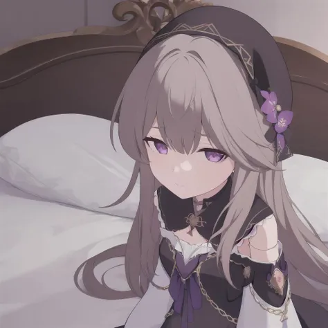 1girl,solo,hertasr,dress,dollgirl, <lora:HertaStarRailV1:1>,wariza,on bed,