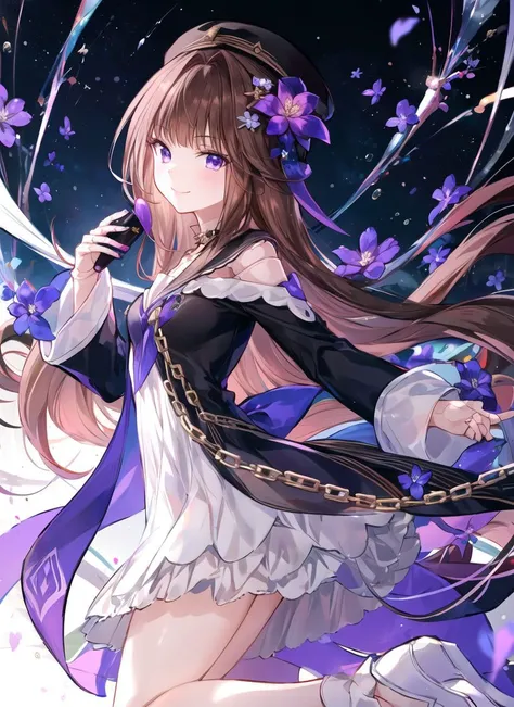 dutch angle, from side,
1girl, looking at viewer, smile, smug,
ballet, dance, dynamic pose
pikkyherta, 1girl, long hair, purple eyes, solo, hat, dress, bangs, looking at viewer, flower, doll joints, brown hair, hair ornament, black headwear, hair flower, chains
<lora:hertaStarRailV1:1>  <lora:add_detail:0.2>