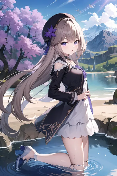 <lora:HertaStarRailV1:1>,
extremely detailed CG unity 8k wallpaper,illustration,masterpiece, best quality,highly detailed,
hertasr,:o, (1girl),solo,dress,dollgirl,beret,small breasts,looking at viewer, purple eyes, full body, arms behind back,sideways glance,
jacaranda,light particles,(plants),((mountain)), blue sky, river,bridge, water,reflection,shadow,sunlight,sun,