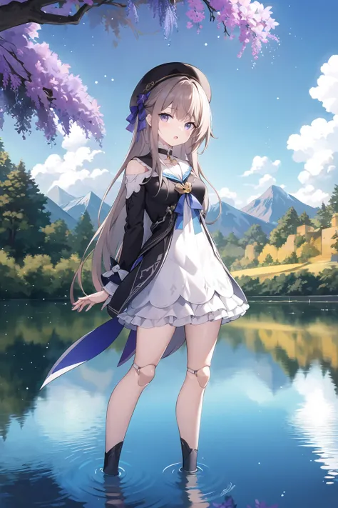 <lora:HertaStarRailV1:1>,
extremely detailed CG unity 8k wallpaper,illustration,masterpiece, best quality,highly detailed,
hertasr,:o, (1girl),solo,dress,dollgirl,beret,small breasts,looking at viewer, purple eyes, full body, arms behind back,sideways glance,
jacaranda,light particles,(plants),((mountain)), blue sky, river,bridge, water,reflection,shadow,sunlight,sun,