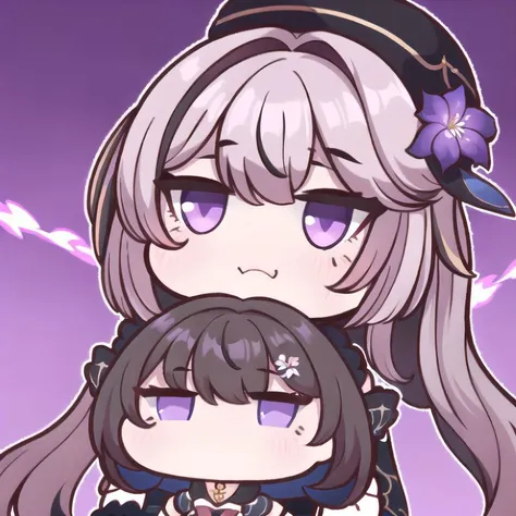 1girl, (chibi:1.2)
1girl, looking at viewer, menacing look, smug,
pikkyherta, 1girl, long hair, purple (glowing:1.2) eyes, solo, hat, dress, bangs, looking at viewer, flower, doll joints, brown hair, hair ornament, black headwear, hair flower, chains, frills,
<lora:hertaStarRailV1:1>
 <lora:cutememe-01:1>