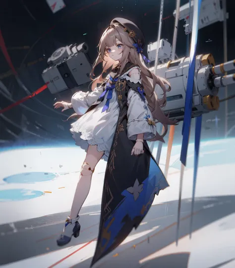 1girl,solo,hertasr,dress,dollgirl, <lora:HertaStarRailV1:1>beret,standing, full body, spacecraft,