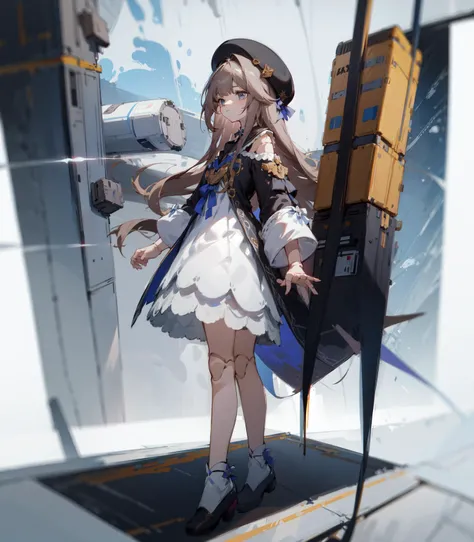 1girl,solo,hertasr,dress,dollgirl, <lora:HertaStarRailV1:1>beret,standing, full body, spacecraft,