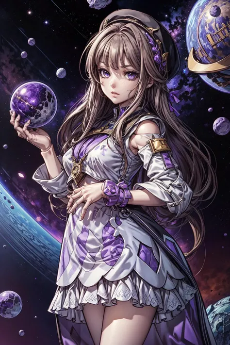 thick outlines, comics, photorealistic, perfect hands, masterpiece:1.2, Space station, Amethyst, space 1girl, solo, standing, upper body, <lora:Char-HonkaiSR-Herta:1>, hertasr, dress, dollgirl, small breast, beret, breast, detailed background, detailed face, detailed eyes, <lora:add_detail:0.7>
