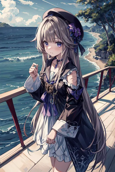 1girl,many broccoli,kawaii small,10yo,cracked skin,embarrassed,standing split,Ink Drawing, portrait, immemorial, centaur, with an ocean view in the background, <lora:flat:-1> <lora:HertaStarRailV1:0.95> hertasr, dress, dollgirl, beret,