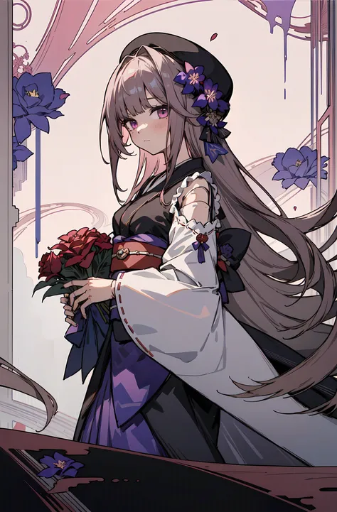 (masterpiece, top quality, best quality, official art, beautiful and aesthetic:1.2), (1girl:1.3), (fractal art:1.3),
flower, solo, ({kimono|purple kimono}), holding, bangs, bouquet, rose, expressionless, blush, long hair, red flower, pink eyes, looking at viewer, holding flower, small breasts, (red rose:1.3), holding bouquet,petals,sakura,
<lora:flat_color:0.4> <lora:HertaStarRailV1:1>
