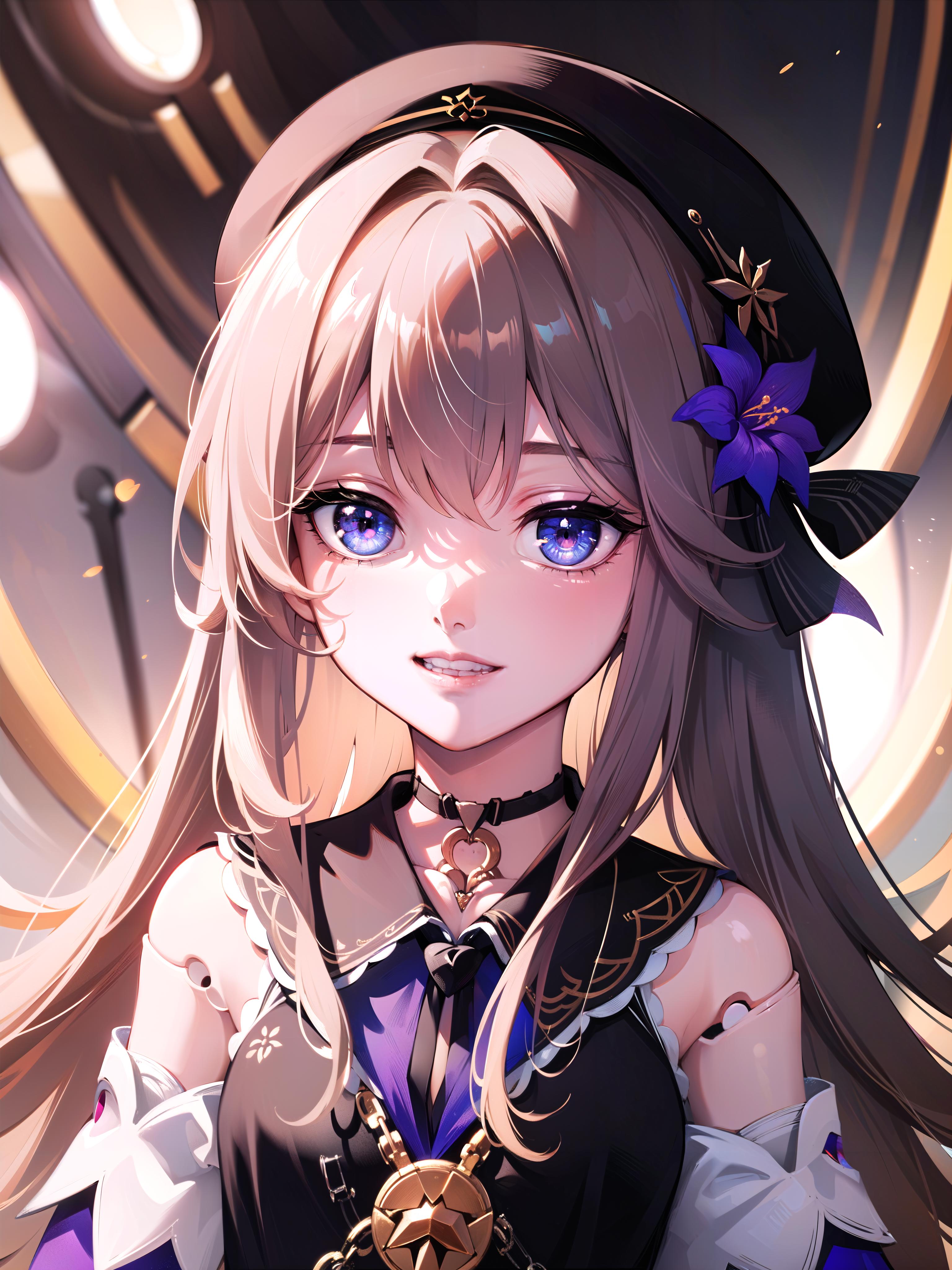 Anime girl with long hair and blue eyes wearing a black hat - SeaArt AI