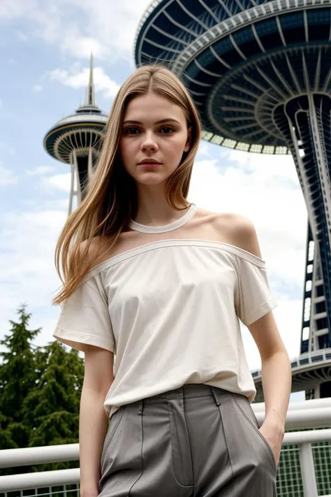 <lora:kawaii7.1.3_obj20:0.75:0.25>, European woman, closeup, sandals, (shirt), pants, (seattle space needle), ZM_paraskevi, wide shoulders, perfect face, (contact iris: 1.1), pale skin, skin pores , depth of field