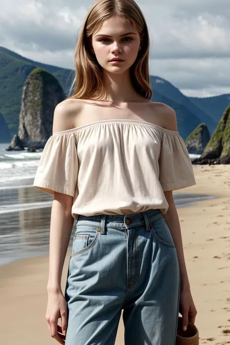 <lora:kawaii7.1.3_obj20:0.75:0.25>, European woman, closeup, sandals, (shirt), pants, (cannon beach), ZM_paraskevi, wide shoulders, perfect face, (contact iris: 1.1), pale skin, skin pores , depth of field