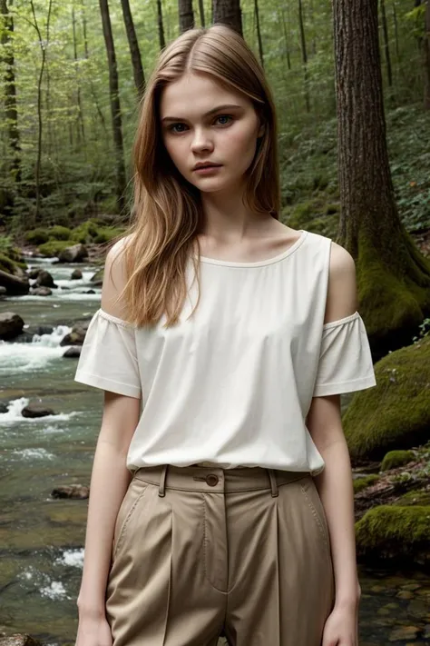 <lora:kawaii7.1.3_obj20:0.75:0.25>, European woman, closeup, sandals, (shirt), pants, (forest river), ZM_paraskevi, wide shoulders, perfect face, (contact iris: 1.1), pale skin, skin pores , depth of field