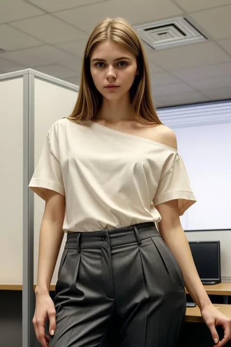 <lora:kawaii7.1.3_obj20:0.75:0.25>, European woman, closeup, sandals, (shirt), pants, (office cubicle), ZM_paraskevi, wide shoulders, perfect face, (contact iris: 1.1), pale skin, skin pores , depth of field