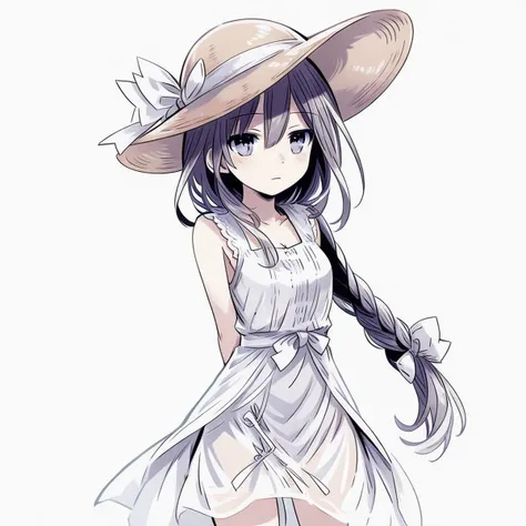 (masterpiece, best quality), (white background:1.3),takamiya mio, 1girl, solo, white dress, single braid,sun hat,sleeveless,white bow,(arms behind back), cowboy shot,facing viewer,