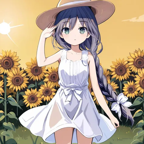 (masterpiece, best quality), takamiya mio, white dress, single braid,sun hat,sleeveless,white bow,relaxing, outdoors, sunflower field, looking at viewer, cowboy shot,dynamic pose,