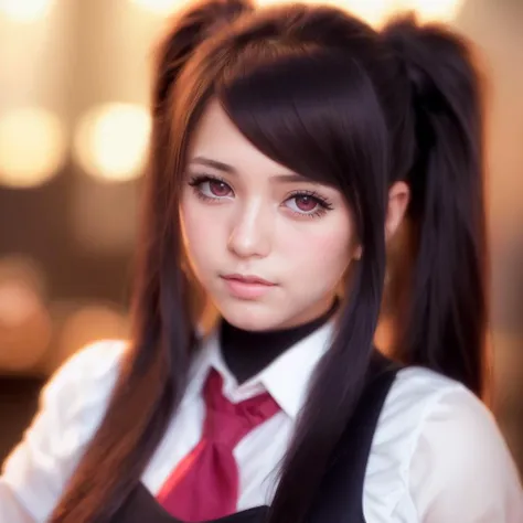 best quality, masterpiece, hd, photo, (photo realistic:1.2), highly detailed, master photograph, HDR, a young woman, portrait, Jill, cowboy shot, bartender, bunches, close up, serious look, red eyes, swept bangs, ((high_twintail), hair_spread_out) <lora:jillStingrayVa11Hall_v10:0.9>