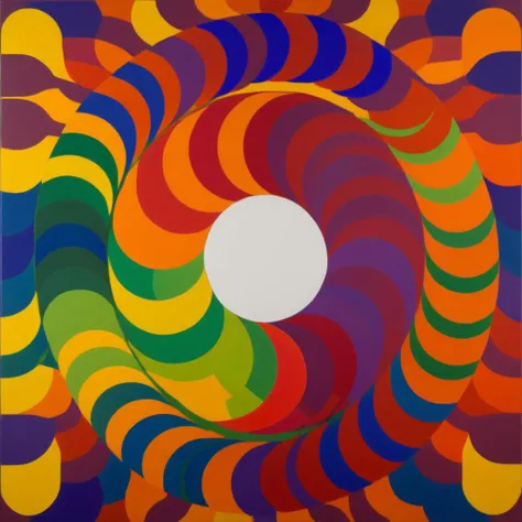escarapela (cockade) Le Parc a rainbow colored circle with a white background abstraccion geometrica, circulos, circles, orange, yellow, red, blue, purple, violet, cockade, escarapela, circular stripes <lora:LeParc_AI_LoRA_XL_v2.0:1>
