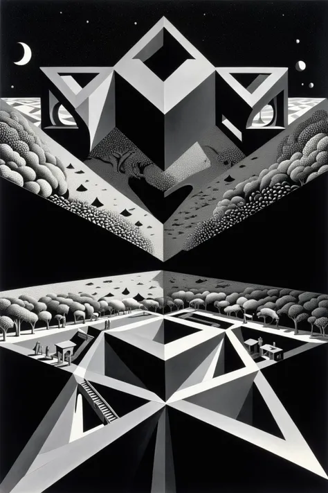 Abstraction,futuristic science fiction,The projection of a four-dimensional space in a three-dimensional world,
le parc,<lora:LeParc_AI_LoRA_XL_v2.1-000020:1>,art by escher,<lora:Escher_Blend:0.0.3>,