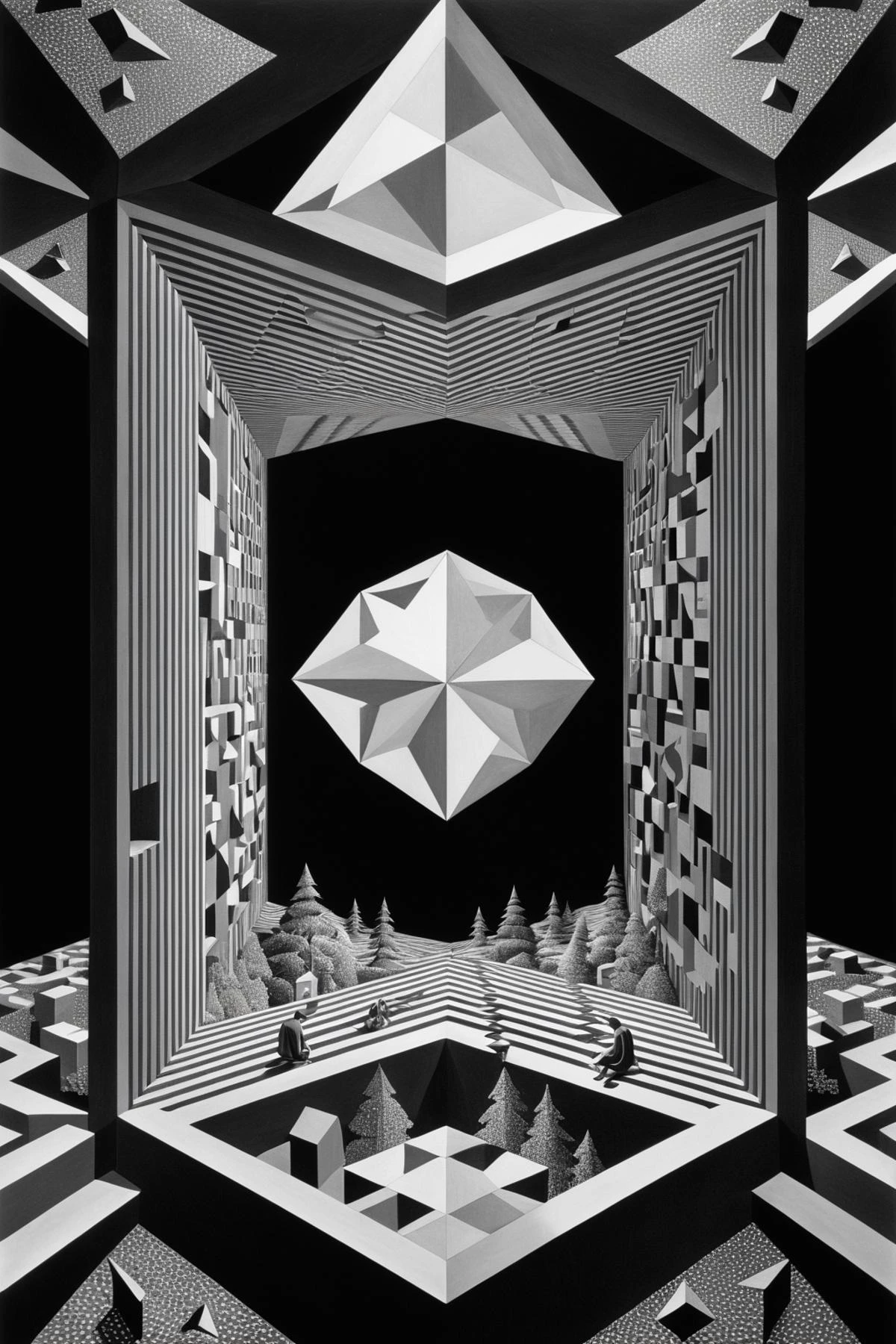 Abstraction,futuristic science fiction,The projection of a four-dimensional space in a three-dimensional world,
le parc,<lora:LeParc_AI_LoRA_XL_v2.1-000020:1>,art by escher,<lora:Escher_Blend:0.0.3>,ral-polygon,<lora:ral-polygon:1>,