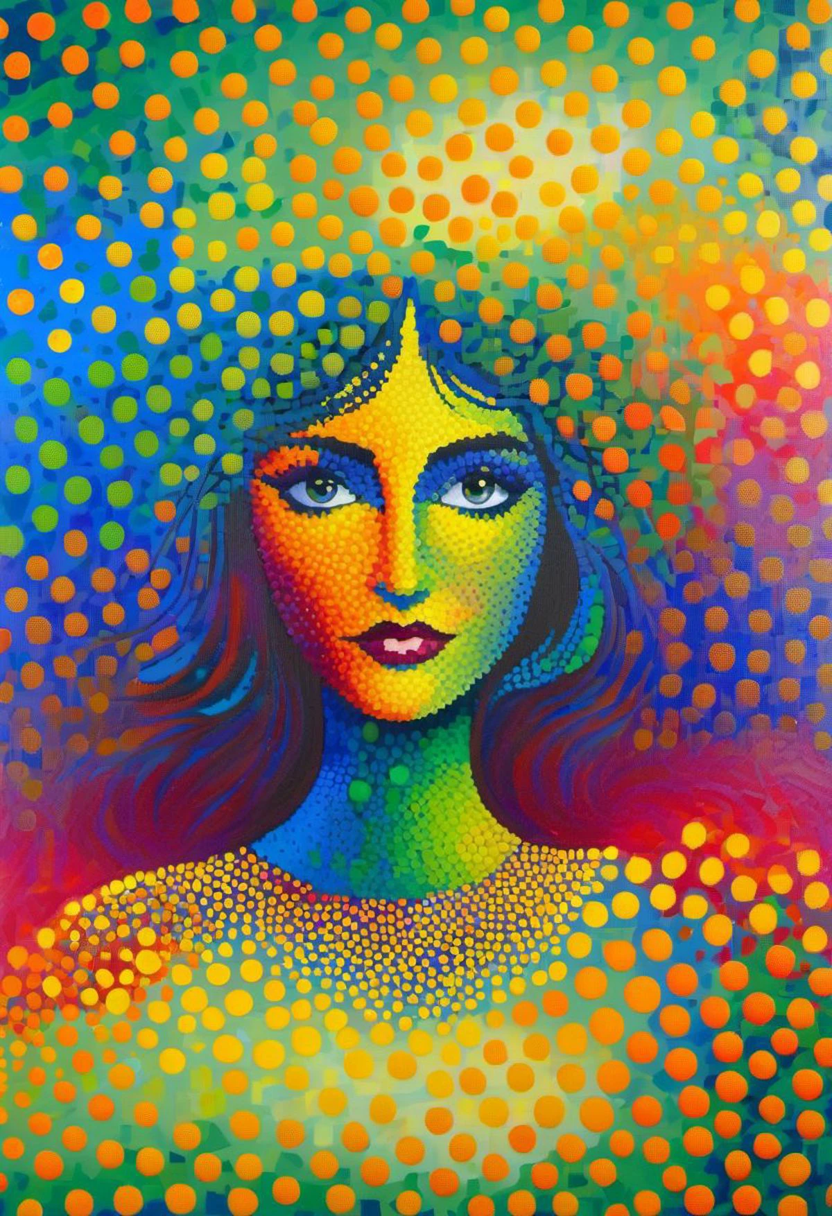pattern of pointilist dots, cute girl, (pointilist painting:2), (pointilism:2), (paint dots:2), (abstract:1.1), analog painted pixels, impressionist painted dots, painting by Monet, girl by LeParc, medium dots,
<lora:LeParc_AI_LoRA_XL_v2.1:1.00>,