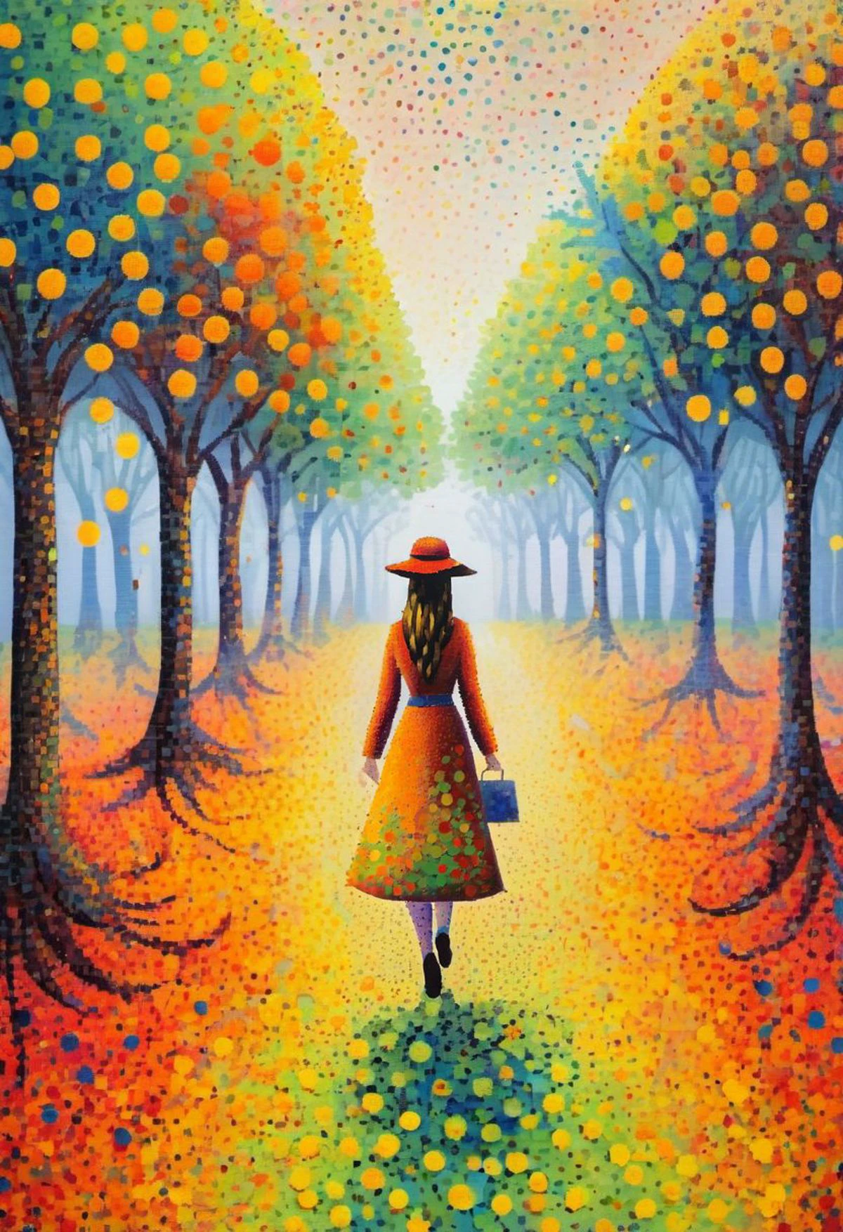 pattern of pointilist dots, cute girl, (pointilist painting:2), (pointilism:2), (paint dots:2), (abstract:1.1), analog painted pixels, impressionist painted dots (oil paint, paint texture, medium size, overlapping, pixels), painting by Monet, girl by LeParc, very overlapping dots, nature, late winter, bare trees,
<lora:LeParc_AI_LoRA_XL_v2.1:1.00>,