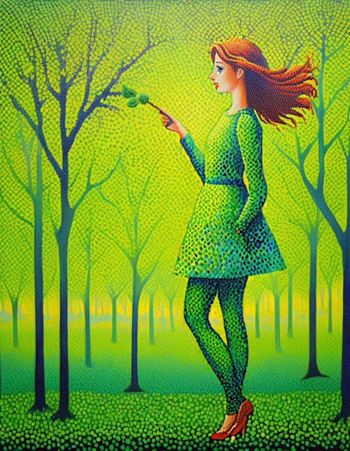 everything is overlapping pointillist dots, impressionist painting of a cute girl (Australian, student, tight leggings), (pointilist painting:2), (pointilism:1.5), (paint dots:1.2), (abstract:1.1), analog painted pixels, impressionist painted dots (oil paint, paint texture, large dots, overlapping dots, heavy oil paint texture), painting by Monet, (overlapping dots:1.2), bare trees with new leaves (freshly budding, spring bud green, small), (cute girl (pointillist):1.5),
<lora:LeParc_AI_LoRA_XL_v2.1:0.75>,