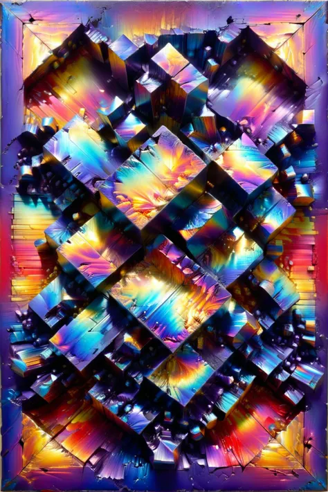 ral-bismut,<lora:ral-bismut:1>,le parc,<lora:LeParc_AI_LoRA_XL_v2.1:0.9>,SDS_Particle_Flow,<lora:sdxl_++:0.4>,
Decorative paintings of bismuth metal blocks,rectangles,triangles and lines,red,yellow,blue,purple,