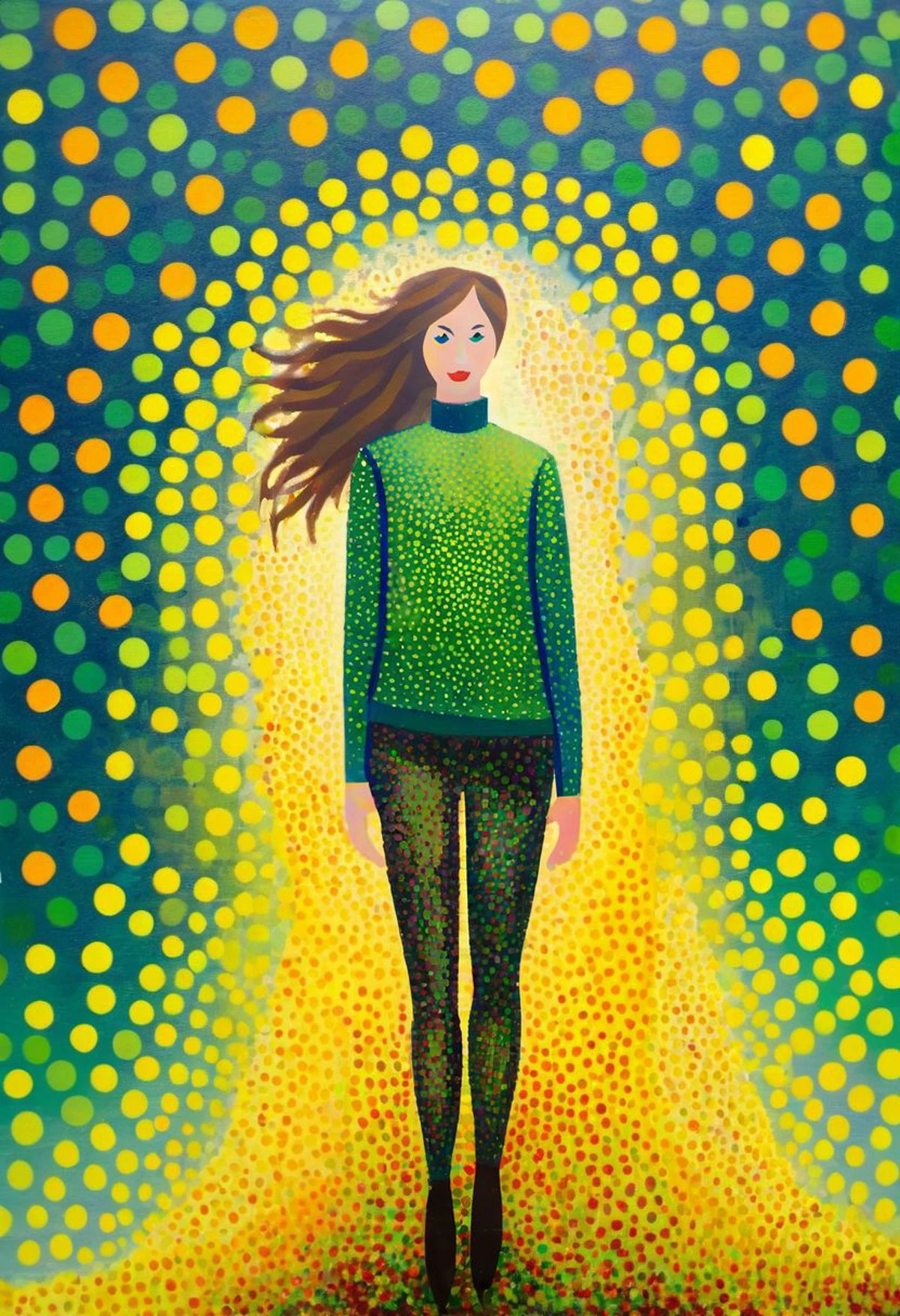 pattern of pointilist dots, cute girl (Australian, student, tight leggings), (pointilist painting:2), (pointilism:2), (paint dots:2), (abstract:1.1), analog painted pixels, impressionist painted dots (oil paint, paint texture, medium size, overlapping, pixels), painting by Monet, girl by LeParc, very overlapping dots, late winter, bare trees, new leaves (freshly budding, spring bud green, yellow green, small)
<lora:LeParc_AI_LoRA_XL_v2.1:1.00>,