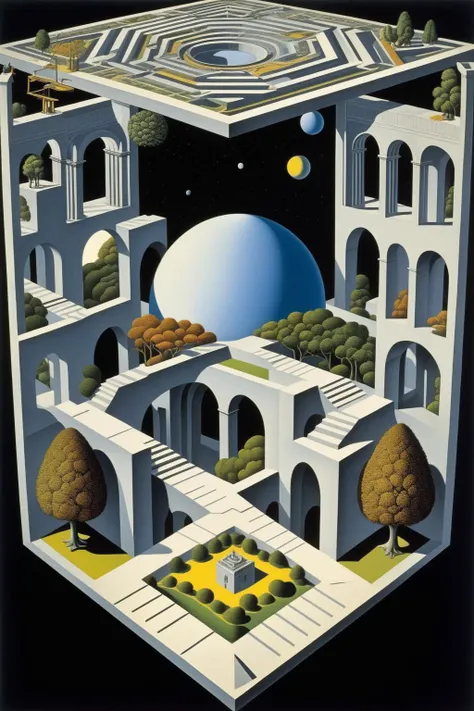 Abstraction,futuristic science fiction,The projection of a four-dimensional space in a three-dimensional world,
le parc,<lora:LeParc_AI_LoRA_XL_v2.1-000020:1>,art by escher,<lora:Escher_Blend:0.0.3>,