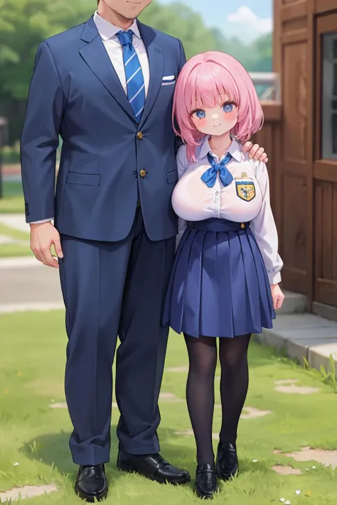 <lora:opll-sizediff3:0.8> , masterpiece, (age difference, size difference, faceless man standing behind), 1girl, full body, huge breasts, uniform, pantyhose, smile, father and daughter