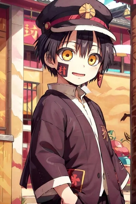 1boy,
masterpiece, ultra detail,
<lora:tsukasa-000009:0.7>
tsukasa, solo, looking at viewer, wide evil sneer , black hair,  school uniform, yellow eyes,  standing, whole body, hat, kimono, village
<lora:XDetail_heavy:1>