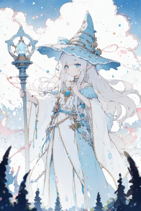 no lineart, ethereal, blue sky, cloud, summer, scenery, pastel \(medium\), thin lines, light lines, delicate outlines, soft colors, muted colors, pastel tones, gentle shading, dark fantasy art, night, forest, carnival, flat color, watercolor \(medium\), elven witch, holding staff, perfect anatomy, good hands, magic light, bioluminescence, natural pose, wide shot,