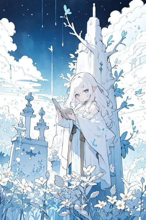 no lineart, ethereal, blue sky, cloud, summer, scenery, pastel \(medium\), thin lines, light lines, delicate outlines, soft colors, muted colors, pastel tones, gentle shading, epic fantasy art, night, forest, flat color, watercolor \(medium\), nursery rhyme, elven princess and spellbook, perfect anatomy, good hands, wide shot, bioluminescence, masterpiece, best quality,