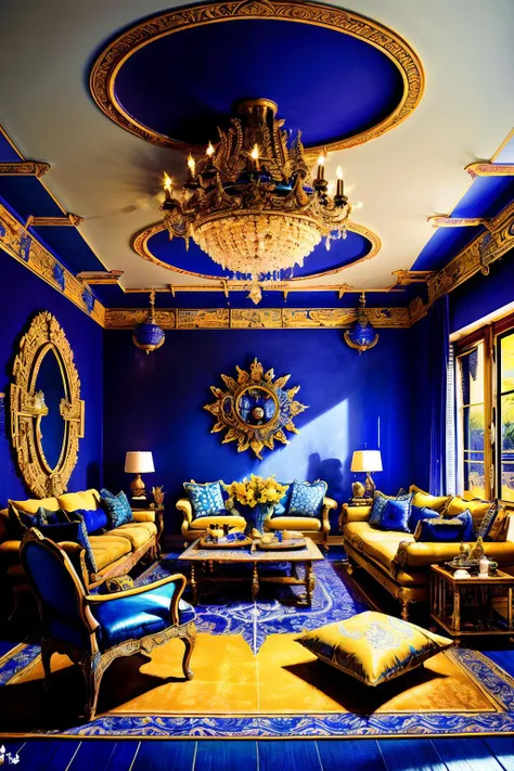 <lora:ramastyle:0.5> ramastyle blue and yellow living room,so much for my happy ending,spread his money far and wide to help the sick and poor, perfect eyes, focused,