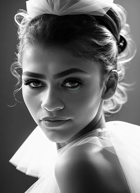 portrait of skswoman, afraid , wearing tulle , with white Updo epic (photo, studio lighting, hard light, sony a7, 50 mm, matte skin, pores, colors, hyperdetailed, hyperrealistic), <lyco:Zendaya:1.2>