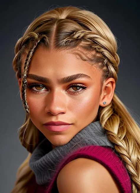 portrait of skswoman, disgust , wearing cashmere , with dirty blonde Braids epic (photo, studio lighting, hard light, sony a7, 50 mm, matte skin, pores, colors, hyperdetailed, hyperrealistic), <lyco:Zendaya:1.2>