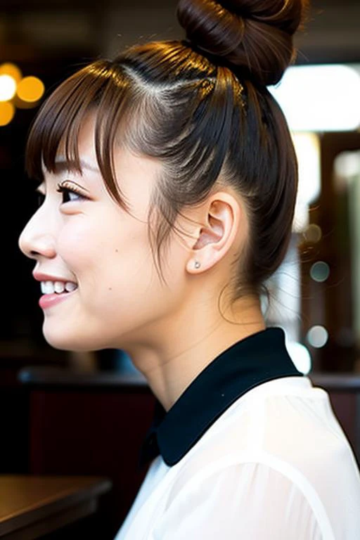 (from side,face close-up:1.2),looking away,<lyco:ManaSakura01V1:0.75>,a detailed photo of a 24 year old Japanese woman named manasakura01,(masterpiece:1.2) and (best quality:1.2) and (photorealistic:1.6) and (Realistic:1.6) and Detailed Skin Textures and detailed skin pores and high skin detail and wearing a beautiful white shirt and Detailed facial features and detailed eyes and eyelashes and natural smile and (blunt bangs) and (single hair bun,brown hair) and standing,Detailed Clothes Textures and Detailed cafe background background,blurry background,depth of field,bokeh,photorealistic light and natural light