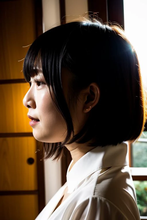 (from side,face close-up:1.2),looking away,<lyco:ManaSakura01V1:0.65>,a detailed photo of a 24 year old Japanese woman named manasakura01,(masterpiece:1.2) and (best quality:1.2) and (photorealistic:1.6) and (Realistic:1.6) and Detailed Skin Textures and detailed skin pores and high skin detail and wearing a beautiful white shirt and Detailed facial features and detailed eyes and eyelashes and (blunt bangs) and (Short hair and straight black hair) and standing,Detailed Clothes Textures and Detailed Japanese style living room background,blurry background,depth of field,bokeh,photorealistic light and natural light