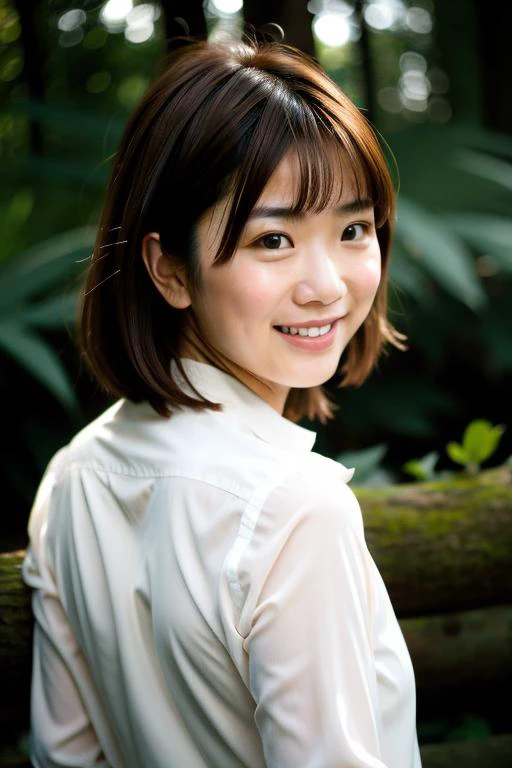 film grain and Fujifilm XT3 and kodak portra,(close shot),(from behind),(face close-up:1.2),look back,looking at viewer,<lyco:ManaSakura01V1:0.65>,a detailed photo of a 24 year old Japanese woman named manasakura01,(masterpiece:1.2) and (best quality:1.2) and (photorealistic:1.6) and (Realistic:1.6) and Detailed Skin Textures and detailed skin pores and high skin detail and wearing a beautiful white shirt and Detailed facial features and detailed eyes and eyelashes and natural smile and (swept bangs:1.2),(brown hair) and standing,Detailed Clothes Textures and Detailed natural forest background,blurry background,depth of field,bokeh,photorealistic light and natural light <lora:InstantPhotoX3:0.35>