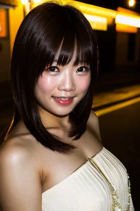 <lyco:ManaSakura01V1:0.75>,from front,(dark) and (night:1.2) japanese streets and public places background and and standing and A flash photography photo of (a japanese woman:1.2),ManaSakura01,<lyco:flashphotographyphotoV1:0.7>,(face close-up:1.2),detailed facial features,wearing a beautiful dress,bangs,Smile naturally,detailed eyes,outdoor, (masterpiece:1.2) and (best quality:1.2) and (photorealistic:1.4) and (Realistic:1.4) and Detailed Skin Textures and detailed skin pores and high skin detail