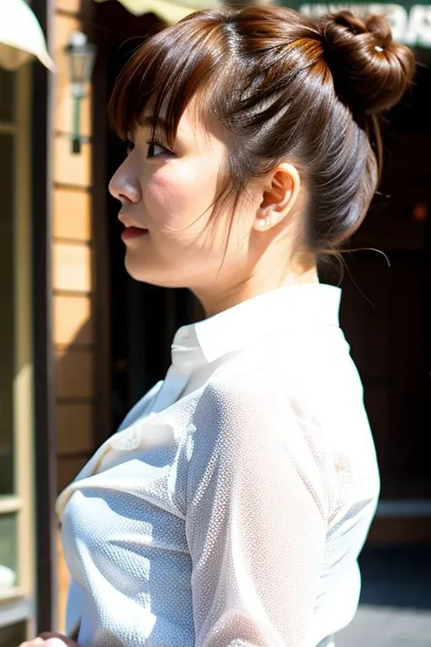 (from side,face close-up:1.2),looking away,<lyco:ManaSakura01V1:0.75>,a detailed photo of a 24 year old Japanese woman named manasakura01,(masterpiece:1.2) and (best quality:1.2) and (photorealistic:1.6) and (Realistic:1.6) and Detailed Skin Textures and detailed skin pores and high skin detail and wearing a beautiful white shirt and Detailed facial features and detailed eyes and eyelashes and (blunt bangs) and (single hair bun,brown hair) and standing,Detailed Clothes Textures and Detailed cafe background background,blurry background,depth of field,bokeh,photorealistic light and natural light