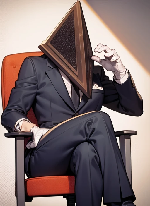 best quality, pyramid head, business suit, office chair, sitting, business suit, crossed legs <lora:pyramid head:1>